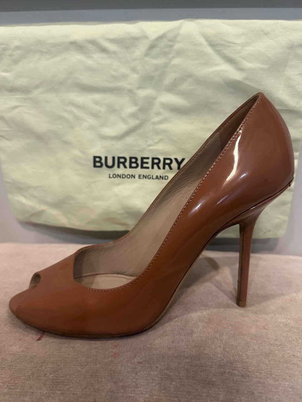 Burberry Patent Peep-Toe Stiletto in Brown